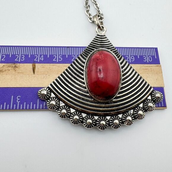 Vintage Tribal Triangle Pendant Necklace Pink Stone Boho Chic Versatile Fan - Picture 11 of 12